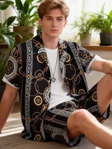 Men's Black & Gold Luxury Chain Print Home Loungewear 2-Piece Set - Short-Sleeve Lapel Button-Down Shirt + Elastic Drawstring Waist Shorts, Lightweight Breathable Fabric, Relaxed Opulent Style, Ideal for Lazy Weekend Lounging, At-Home Relaxation & Casual