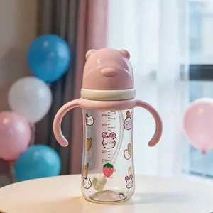 New 170ML/270ML Fun Printed Vibrant Prints Plastic Baby Bottle, Cute Bear Cap and Handle, Easy Clean Wide Neck, Gravity Ball Design for Easy Feeding, Baby Mealtime