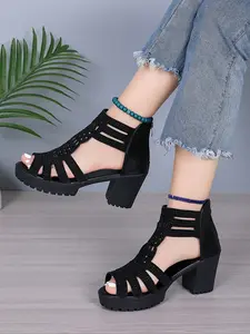 Fashion Roman Style Mid-Heel Sandals for Teens, Zipper Back Fish Mouth Design, Outdoor Play, Street Commute, Party, Beach, High Platform Sandals