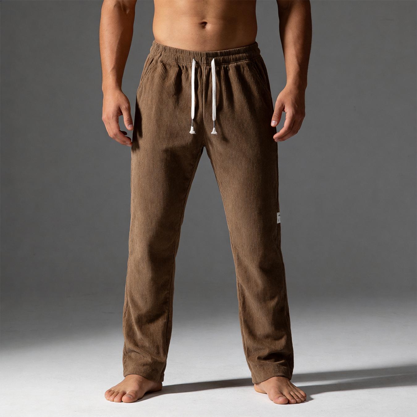 Men’s corduroy drawstring pants, casual straight-leg corduroy trousers with elastic waist, soft breathable loungewear for everyday wear and home