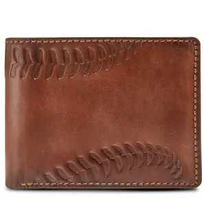 House of Jack Co Baseball Double ID Bifold Wallet in Brown Leather with Embossed Design