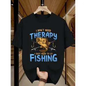 Men's Fishing Slogan T Shirt I Default Need To Go Fishing Print with Fish and Rods Breathable Knit Short Sleeve Crew Neck Tee for All Season Outdoor Angler Trips