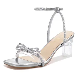 Women's Rhinestone Bow PU Footwear, Open Square Toe Low Block Heel Ankle Strap Dressy Cute Sandals, Stylish Shoe for Special Occasions