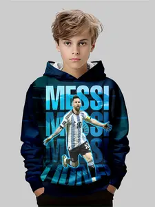 Boys' Fall Winter Football Hoodie, Graphic Team Hoodie, Ronaldo Blue Sport Sweatshirt, Soft Fitted Training Wear, Casual Youth Sports Clothing