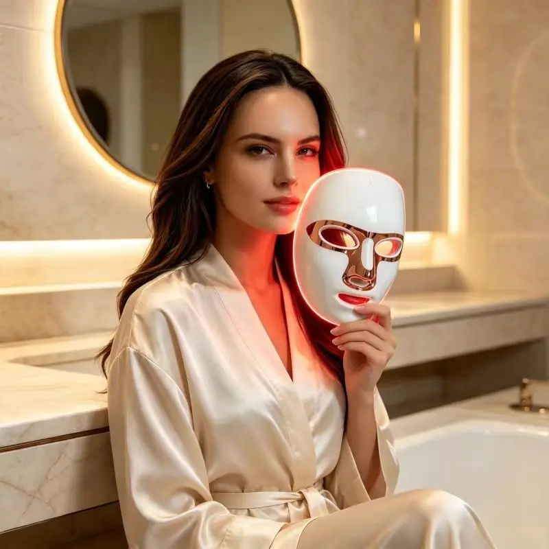 led facial mask red light, portable face skin care mask, full coverage led beauty mask, at home skincare device, travel facial care mask, white rose gold led face mask, skincare accessories for women, facial beauty skin tools