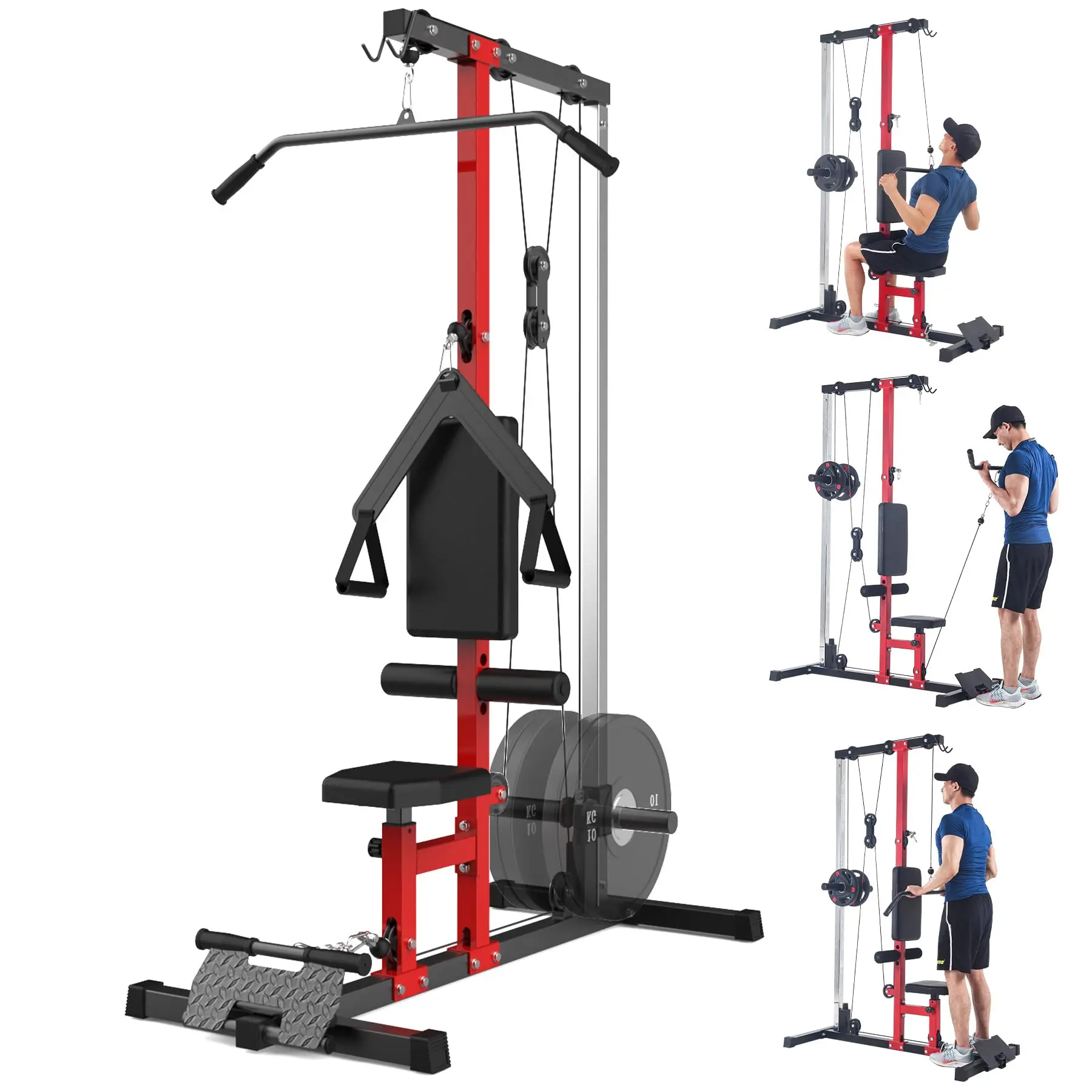 GARVEE LAT Power Cable Pull Down Machine with High-Low Pulley Station, Adjustable Leg Support for Home Gym Total Body Training, Black&Red