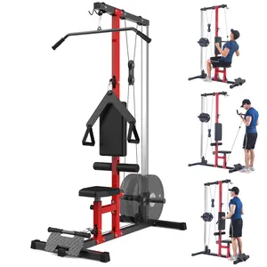 LAT Power Cable Machine,LAT Pull Down Machine with High and Low Pulley Station,with Adjustable Leg Support for Home Gym Total Body Training，Black&Red