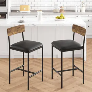 Garvee Vintage Style Bar Stools Set of 2 – 25.5'' Counter Height Upholstered Chairs with Back & Footrest, Faux Leather, Black Metal Frame – For Kitchen Island, Home Bar, Small Dining Table