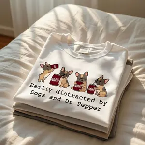 [SALE UP TO 50%] Easily Distracted by Dogs and Dr Pepper Sweatshirt / T-Shirt / Hoodie – Cute French Bulldog Drinking Soda Graphic, White Cozy Casual Style, Gift for Dog Moms & Dr Pepper Lovers