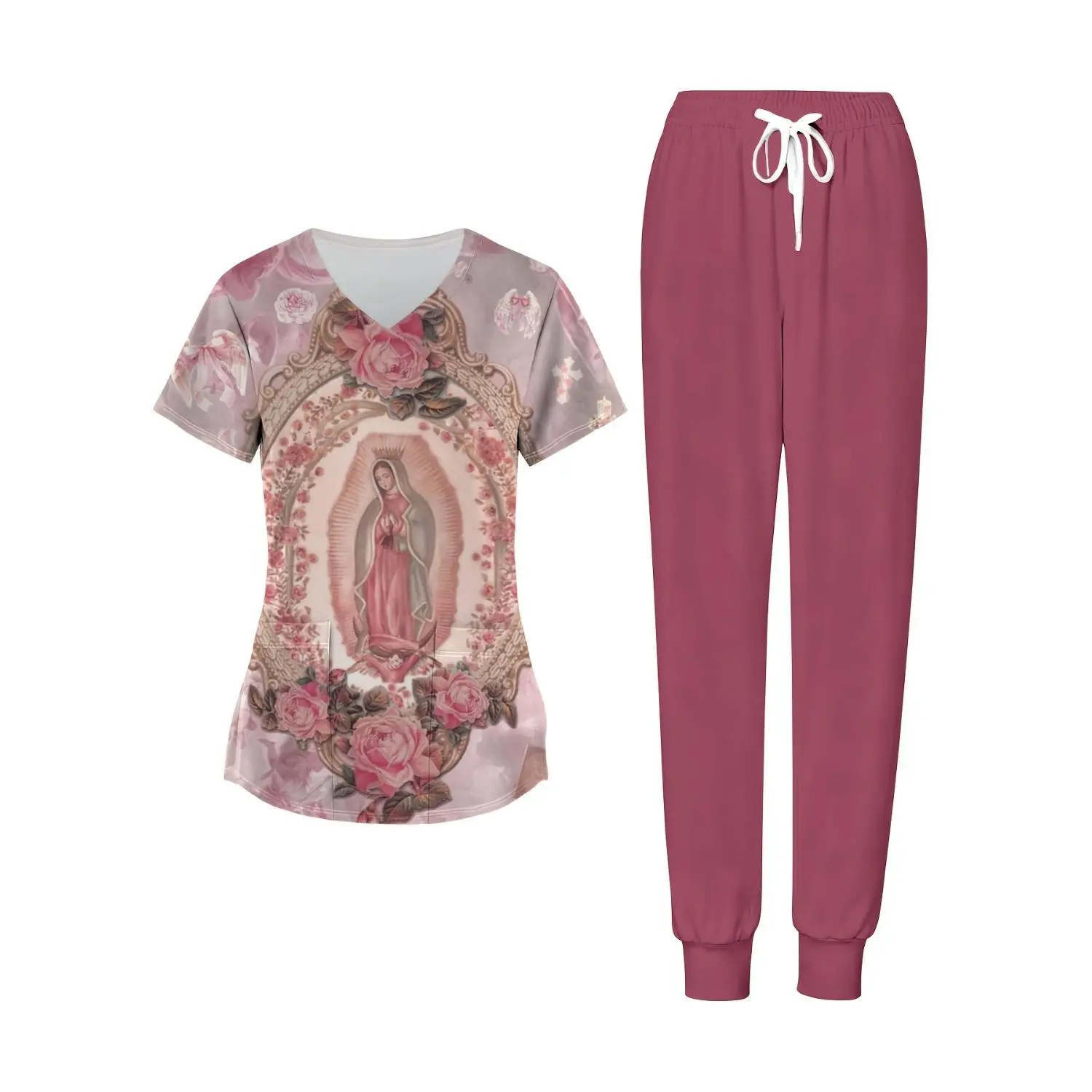 Women's Nurse Uniform Set - Rose Print V-Neck Scrub Top & Pants with Pockets - Soft, Comfortable, Stretch Fabric Professional Workwear Attire