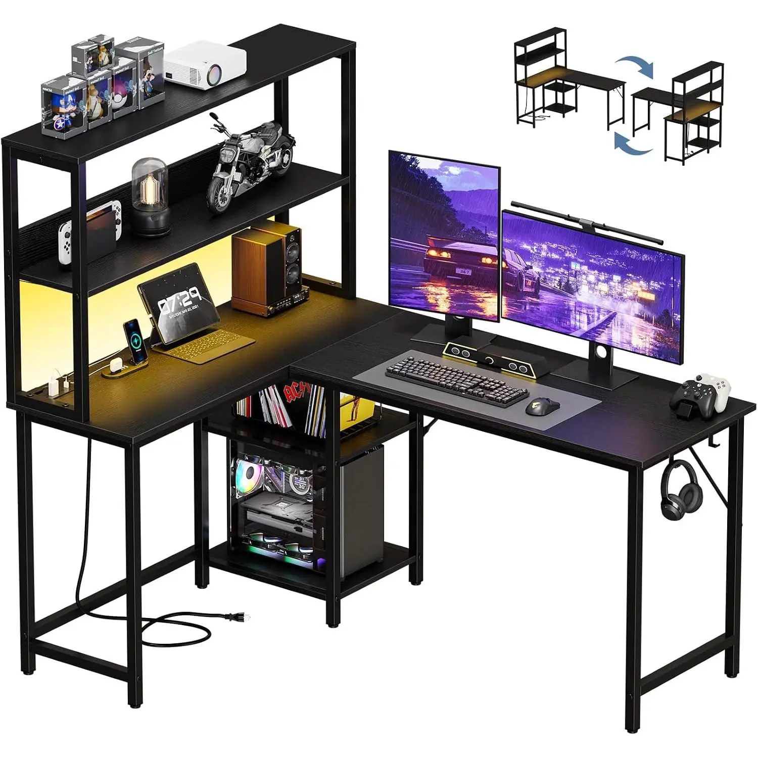Reversible L-Shaped Computer Desk with Charging Station – 43/53 Inch Home Office Corner Desk with Storage Shelves & CPU Stand, Black