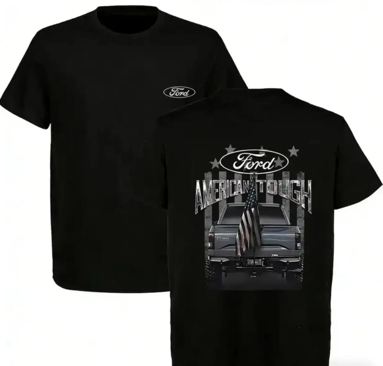 Ford American Tough T-Shirt – Bold “American Tough” Text with F-150 Truck and US Flag Graphic , Classic Black Tee for Truck Enthusiasts , Patriotic Gift Idea , Menswear Top Streetwear Casual