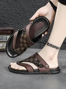 1 Pair Men's Plaid Flip Flops Vintage Checkered Design Trendy Street Style Sandals For Outdoor Daily Wear