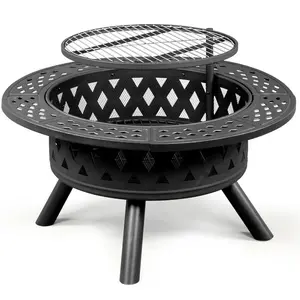 Outdoor Fire Pit Grill Table 38-inch Portable with Food Grade Cooking Grates Steel BBQ Campfire Metal Sturdy Barbecue Grill Wood Round