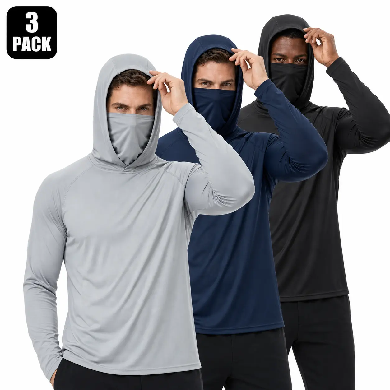 3-Pack Work Shirts for Men, Lightweight Quick-Dry Long Sleeve Fishing Hoodies with Built-In Face Cover for Construction and Outdoor Work