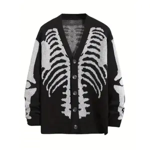 Men’s plus-size skeleton print long-sleeve cardigan sweater, V-neck button-down outerwear coat, casual acrylic