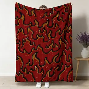 8-Bit Pixel Flame Throw Blanket, Red Black Y2K Flannel Blanket, Soft Cozy Warm Throw, Retro Game Arcade Fire Design, Edgy Streetwear Gift for Him Boyfriend Son, Gamer Gaming Room Bedroom Dorm Decor