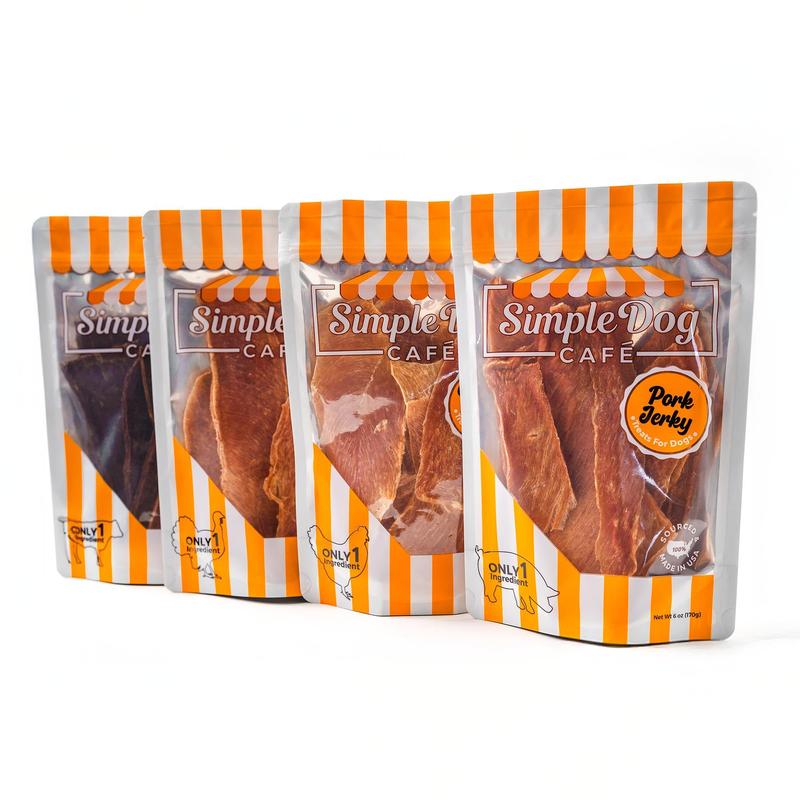 4 Bag Jerky Box for Dogs - Single Ingredient Each, 100% USA Made Chicken, Beef, Pork or Turkey Jerky, All-Natural, Human-Grade Healthy Snack, Includes (4) 6oz Bags, good for all breeds, picky/allergic dogs favorite Treat, Only at Simple Dog Café