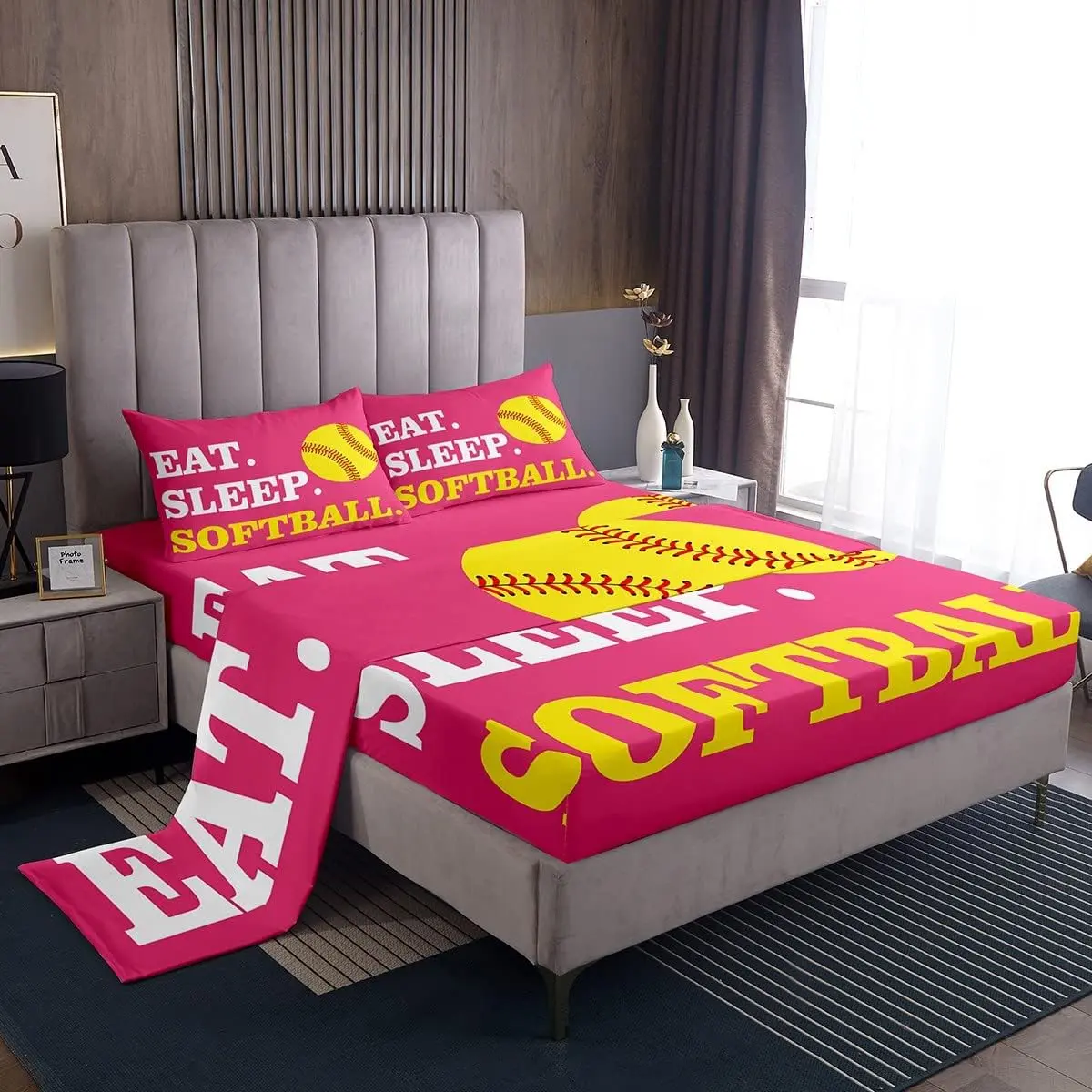 Feelyou Sports Motif Microfiber Weave Bedsheet Sets - Soft, Durable, Breathable, Deep-Pockets Fitted Sheet, Bright Pink-Yellow Design, Multi-Size, Machine Washable for Softball Enthusiasts