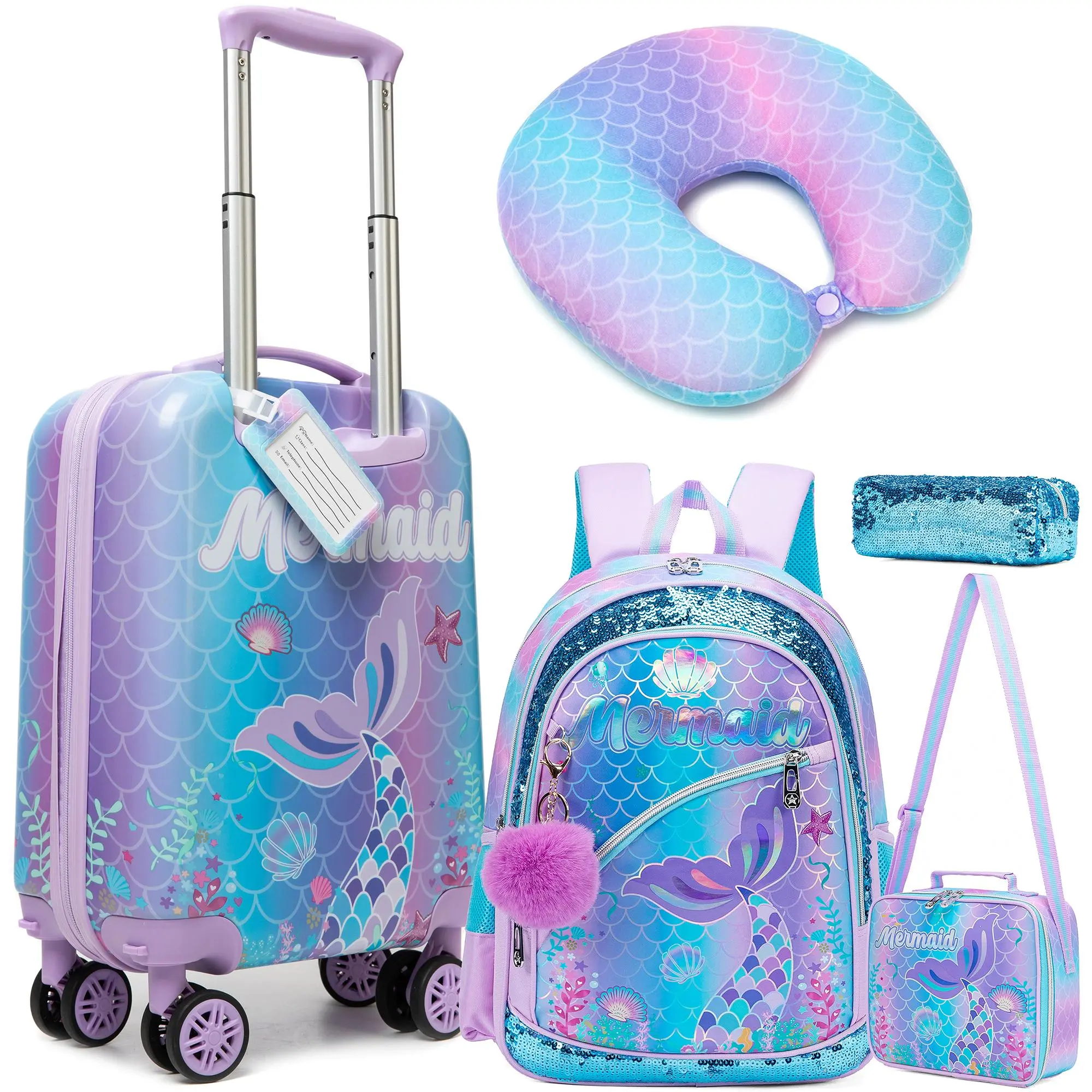 Girls' 6-Piece Mermaid Luggage Set, Cute Colorful Gradient Hardshell Spinner Suitcase with Backpack, Lunch Bag & Neck Pillow, Back to School Haul, Cute Colorful Luggage, Child Sized Luggage