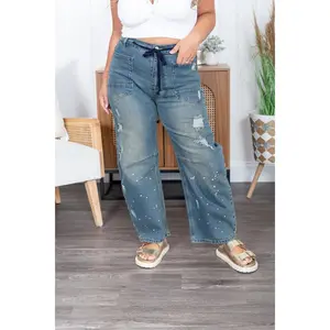 Blue Velvet Paint Splatter Barrel Jeans