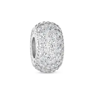 Sterling Silver Dome White Crystal Spacer Stopper Barrel Bead Charm Rose Gold Plated for Bracelet