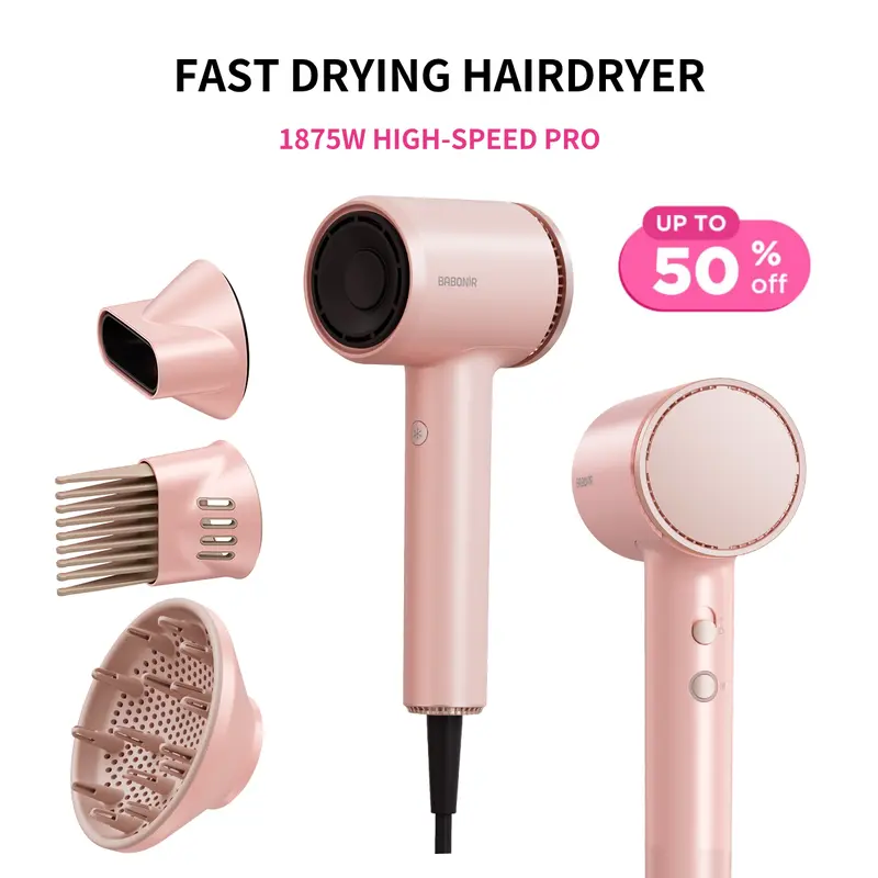 BABONIR 1875W Plasma Ionic Anti-Frizz Hair Dryer with Diffuser, Concentrator, Comb Nozzle, Adjustable Wind Speed, Low-Temp Styling, Cool Shot, Compact for Home & Travel, Pink Normal Holiday Gift