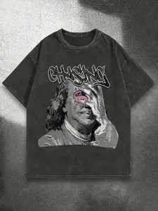 "CHASING" Benjamin Franklin Dollar Sign T-Shirt, Vintage Washed Streetwear Graphic Tee
