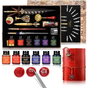 Pheasant Quill Pen Ink Set, Dip Pen Set with Classic Spiral Bound Leather Notebook,Beginners Glass Dip Pen  Calligraphy Pen Craft Decoration Pen,  Kit for Writing,Drawing