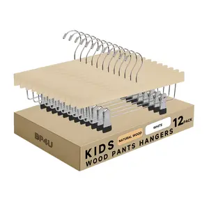 12-Pack Kids 12" Wooden Hangers, Maple Toddler & Baby Clothes Hangers with Adjustable Silent Clips and No-Mark Sleeves