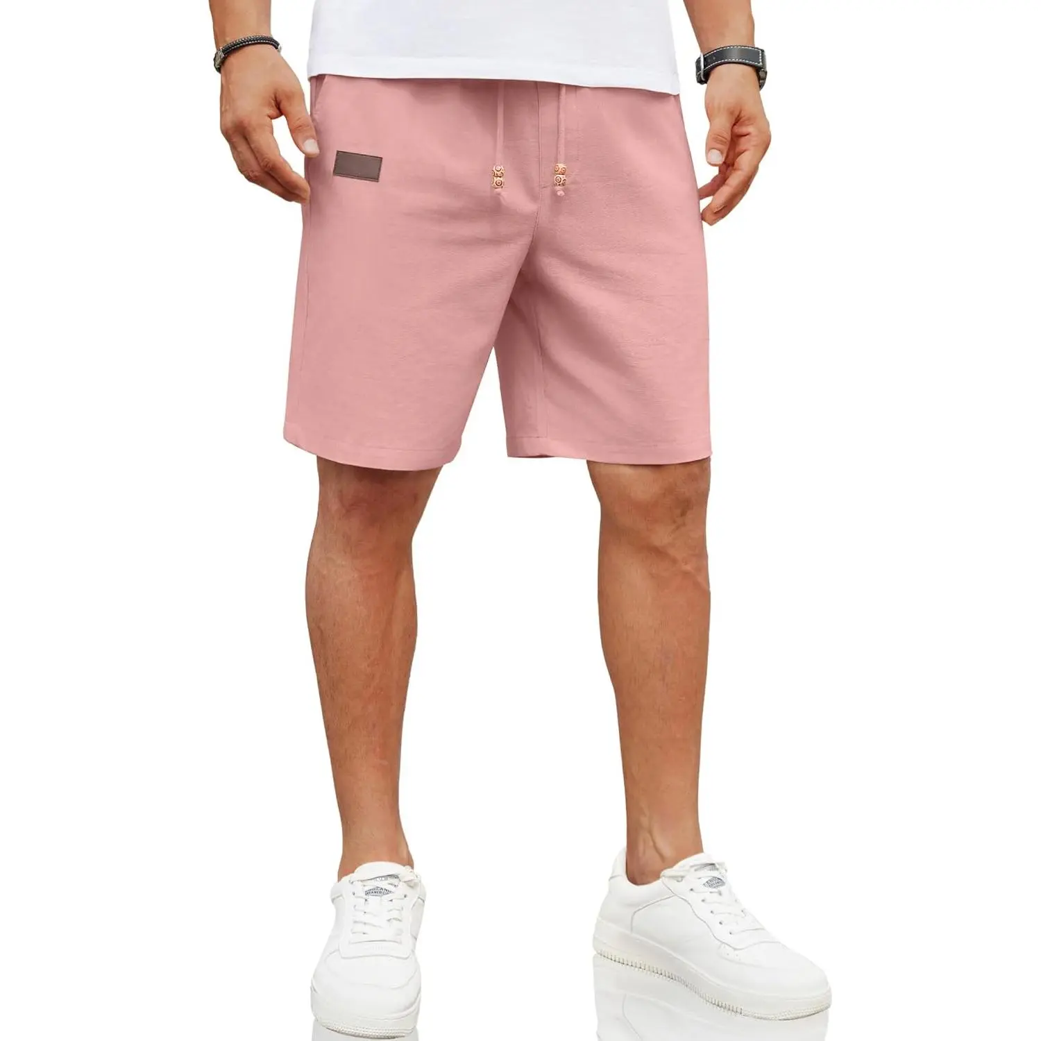 Mens Casual Linen Shorts Elastic Waist Drawstring Loose Fit Summer Beach Vacation Shorts with Pockets(Gift)