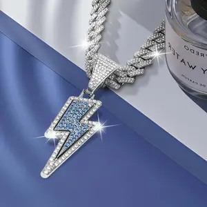 Lightning Pendant Miami Cuban Link Chain Necklace Iced Out Bling Rhinestone Hip Hop Unisex Jewelry for Men Women