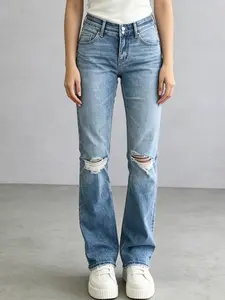 Women's High Waist Dual Button Fly Bootcut Jeans - Gradient Light Whisker Wash, Dual Knee Distressed Rip, Stretch Slim Full Length Flare Denim Trousers for Womenswear Bottoms