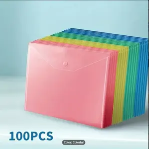 100pcs, Transparent Plastic Envelope File Bag, Thickened Material, A4 Transparent File Storage Bag, With Quick Button, For Office Information Storage And File Classification, Mixed Color