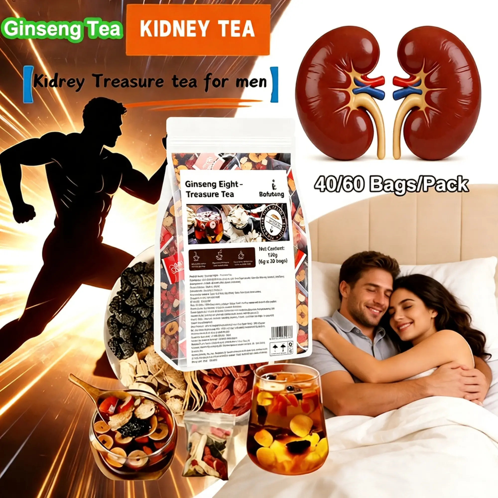 Daily Detox Herbal Kidney Tea, 60 Count Travel Pack Ginseng Six Treasure Tea, Natural Maca Mulberry Goji Turmeric Blend, Caffeine-Free Kidney Cleanse Tea Bags for Men & Women