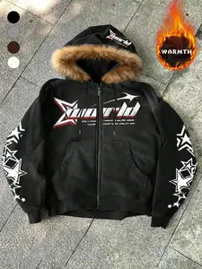 Thick Fleece Lined Black Long Sleeve Hooded Jacket | Retro Street Style Casual Zip Up Top with Brown Fur Collar | Bold Graphic Print Oversize Winter Outerwear