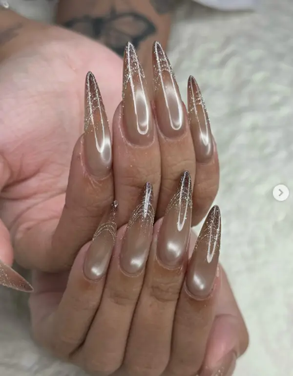 Champagne Cat Eye Press On Nails, Silver Glitter French Tips, Long Stiletto Shape, Elegant Bridal Handmade Nail Set