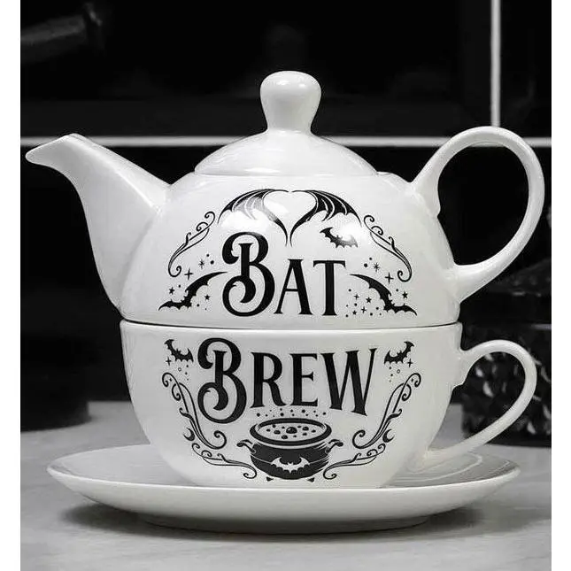 Porcelain Bat Brew Magic Cauldron Stackable Tea Pot And Cup With Saucer Set Of 3