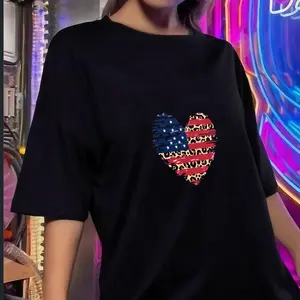 Independence Day Leopard Print Heart American Flag Pure Cotton Short Sleeve T-Shirt-c54f8359e49b