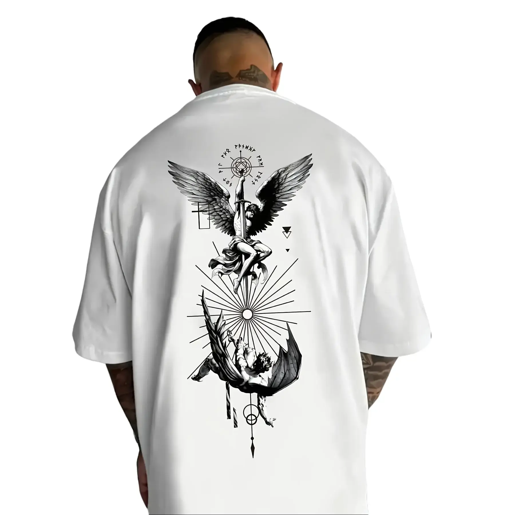 Men's Saint Michael Graphic T-shirt, Oversized Gothic Biker Menswear Top in Breathable Cotton, Shortsleeve Round Neck, Casual