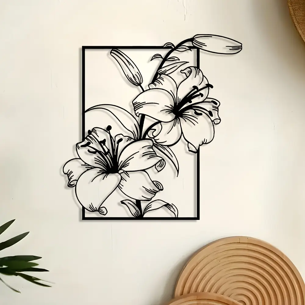 Metal Wall Art Line Lily Flower Frame, Home Decor Metal Sign, Aesthetic Wall Decor, Outdoor Decoration, Elegant, Decorative Artwork, Modern Artwork for Living Room, Decoration Items