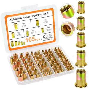 Metric Rivet Nut Assortment Kit, 105 count stainless Steel SAE Rivet Nut, M3 M4 M5 M6 M8 UNC Flat  Rivnut Set, Threaded Insertion Nut Sets for Automotive, Mechanical and Other Equipment