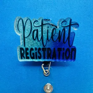 Patient Registration Badge Rell - Blue Glitter Design with Hook for Easy Wear