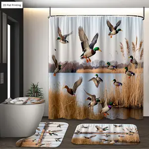 1/3/4PCS Nature style with Flying Ducks and Reeds Shower Curtain Set with Rugs, Non Slip Bath Mat, U-Shape Carpet, Toilet Lid Cover, Polyester Fabric Bathtub Curtain Accessories, 12 Hooks, Home Bathroom Festival Decor