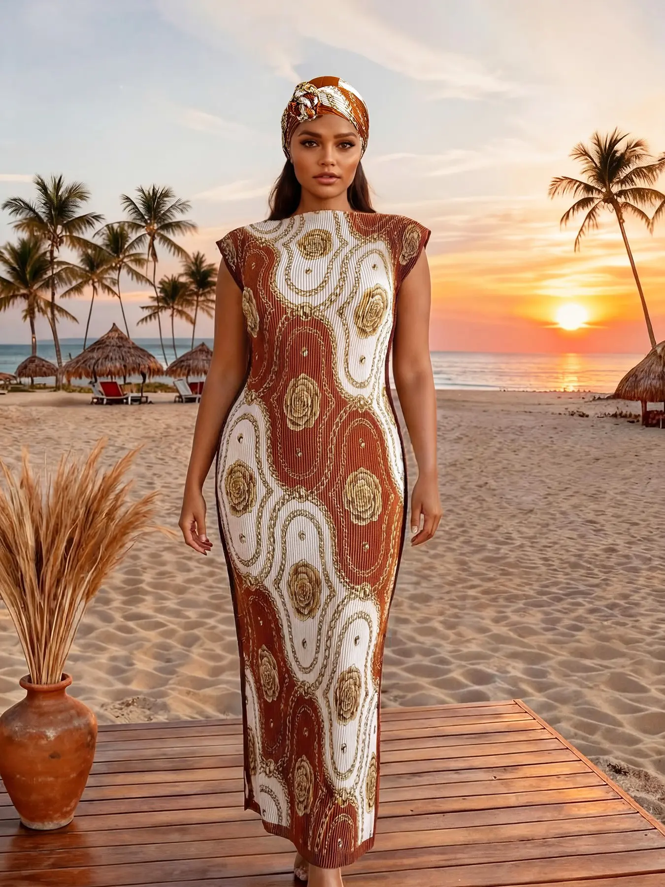 Elegant Aesthetic Chain Design Rose Flower Printed Set Robe Hooded Multicolor Shawl Moomoo Long Dress + Headscarf Scarf Hairband for Women Beach Sun Protection Satin Silk