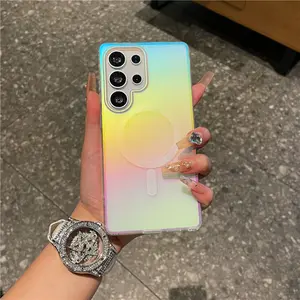 3PCS (1 Phone Case + 2 Tempered Glass Screen Protectors) Fashionable laser gradient rainbow magnetic cellphone case, suitable For Samsung Galaxy S26 S25 S24FE S23 Ultra Plus matte protective case