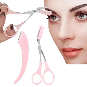 Eyebrows Eyelashes Grooming Set, Pink Eyebrow Scissors with Comb + Safety Eyebrow Razor for Precise Makeup Cosmetic Tools, Facial Hair Remover for Women