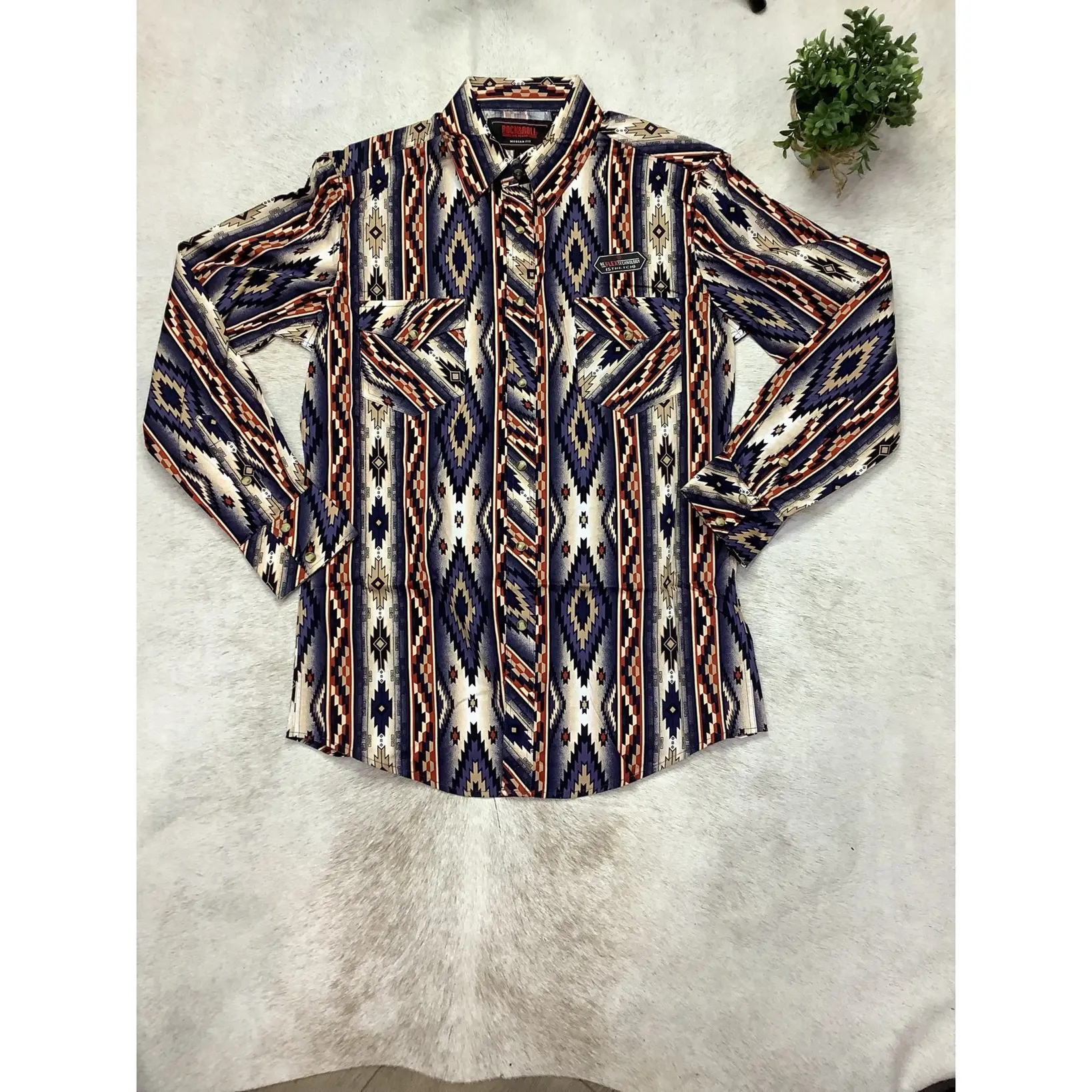 Men's Rock and roll B62 Southwestern printed Long sleeve burgundy