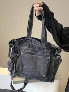 Retro Distressed Washed Denim Shoulder Bag, Multi-pocket Design, Zipper Shoulder Bag, Trendy Casual Shoulder Shoulder Bag, Fashionable and Versatile, with Multiple Colors To Choose From, Suitable for Students, Daily Commuting, Shopping, Crossbody Purses
