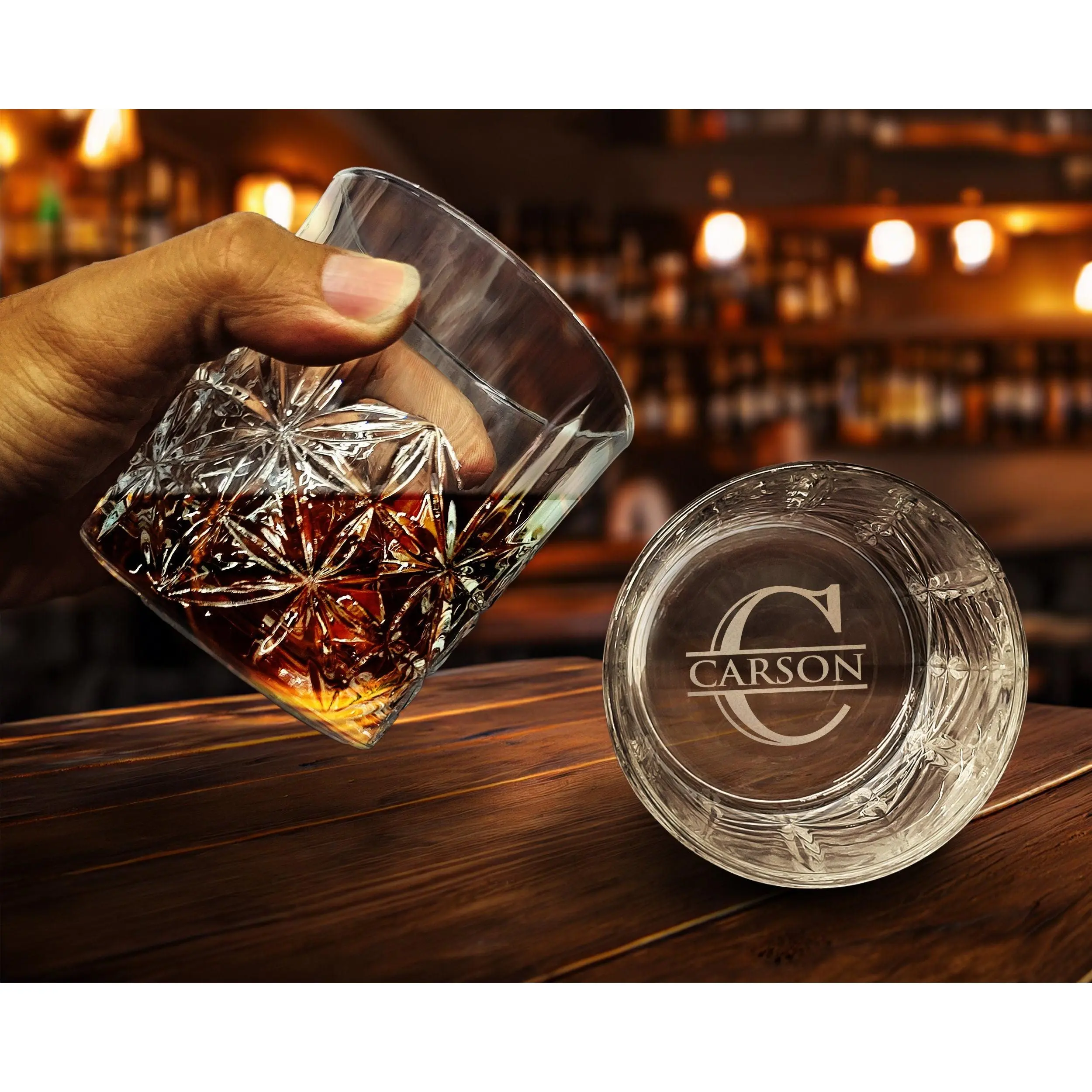 Custom Bourbon Gift for Men: Personalized Whiskey Glass w/ Bottom Engraving Initial Monogram for Dad, Wedding Party, Birthday & Father's Day